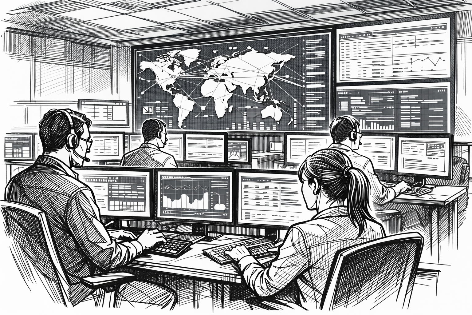 Cybersecurity Operations Center in LineArt Style-1