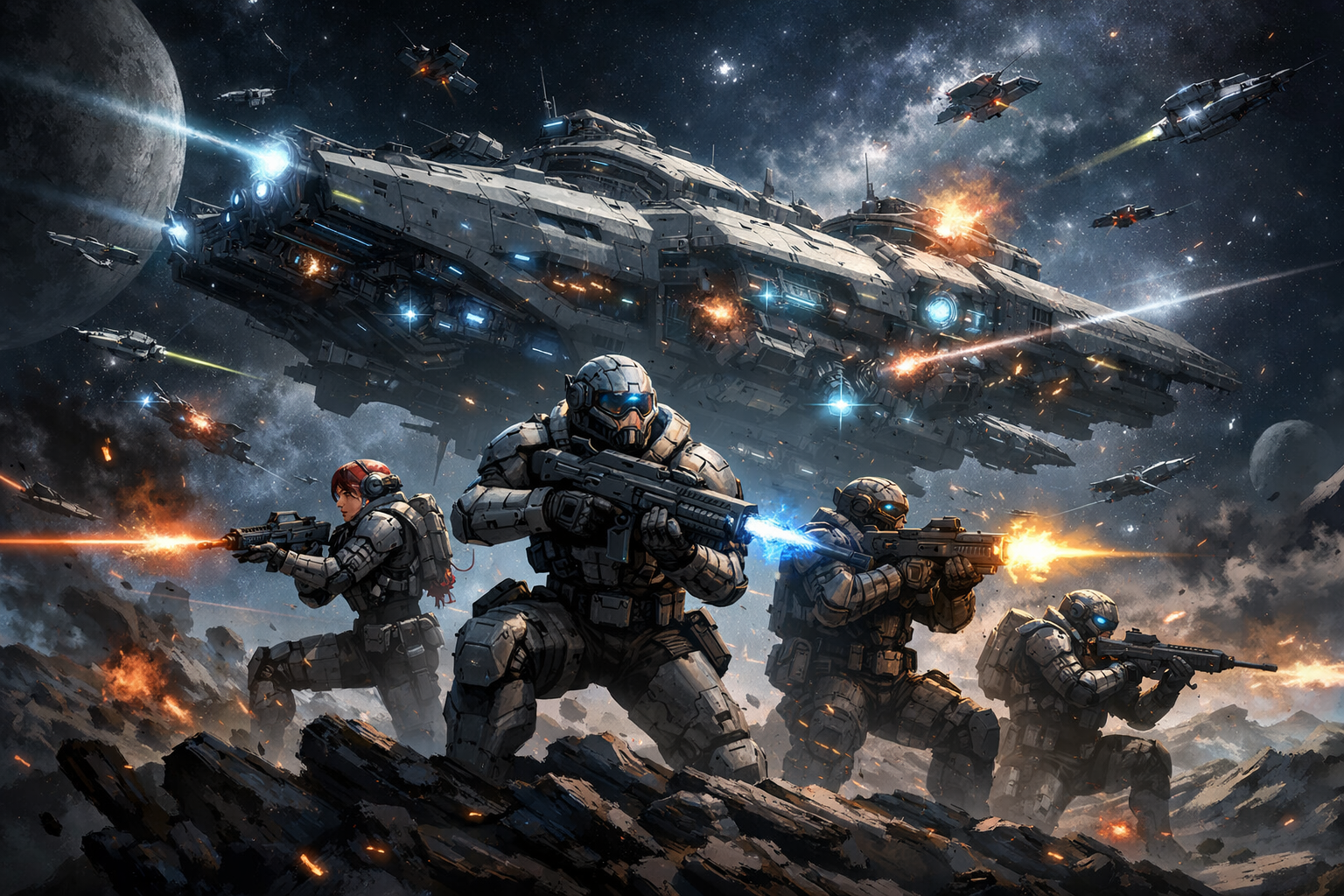 fantasyart Scifi them of a space team protecting their mother ship