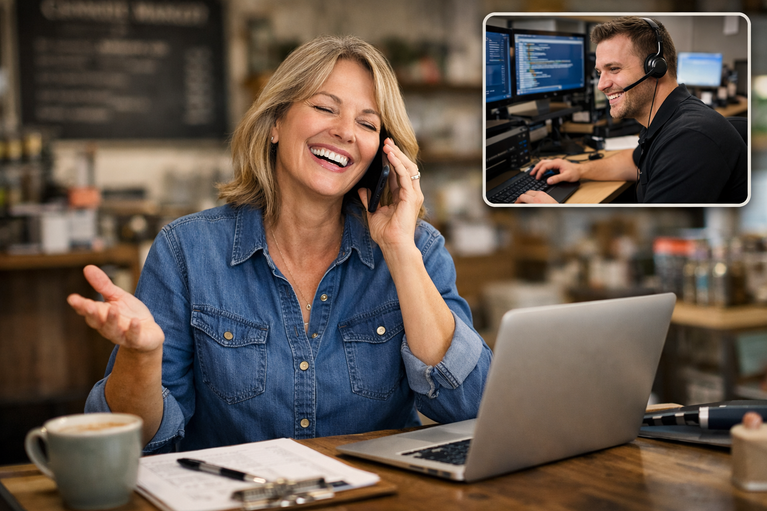 photographic A midsize business owner happy they can focus on their business while someone else takes care of their IT problems by phone