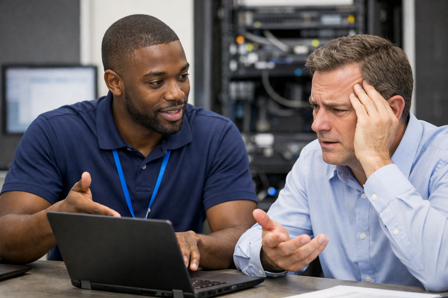 photographic IT guy advising a confused client IT guy is AfricanAmerican-1